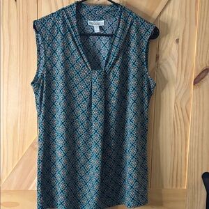 EUC size large.  Christopher & Banks Teal and Brown Sleeveless Blouse